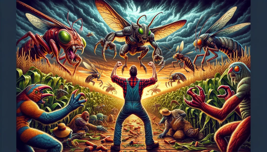 Farm Monsters - A vivid and detailed wide illustration depicting a dramatic scene of a farmer battling monsters on a farm. The farmer, dressed in typical farm attire (1)