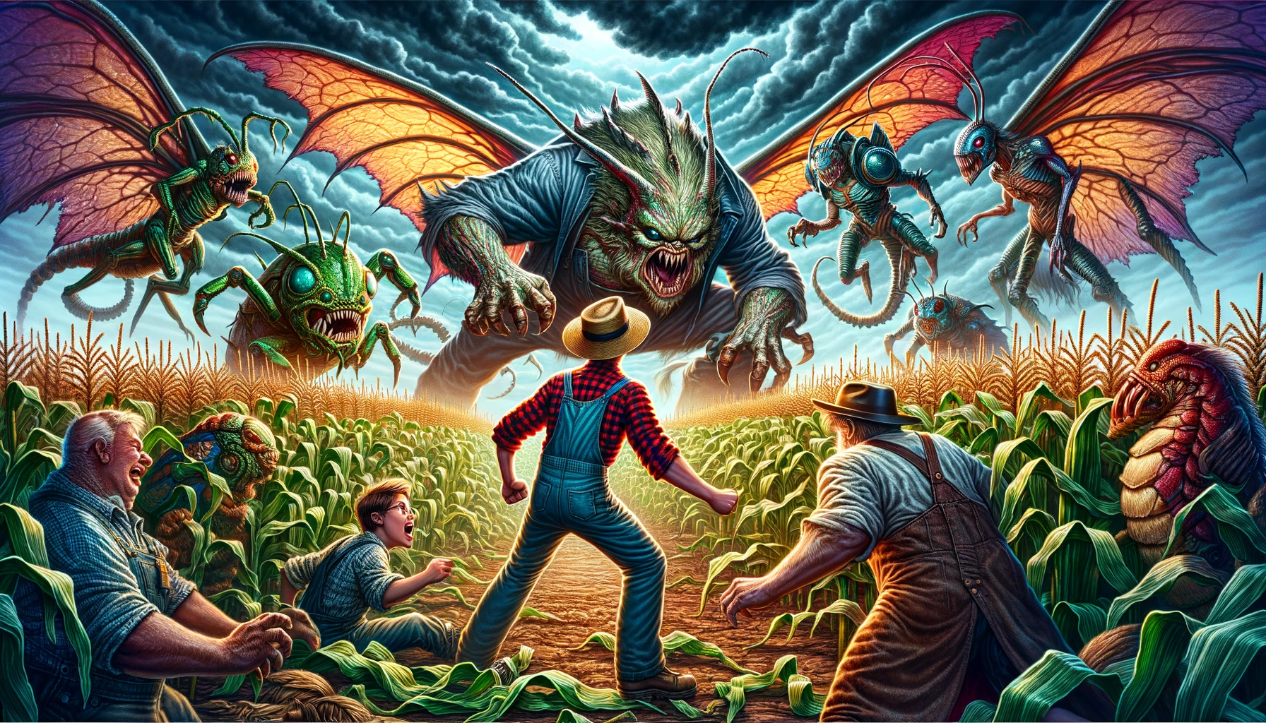 Farm Monsters - A vivid and detailed wide illustration depicting a dramatic scene of a farmer battling monsters on a farm. The farmer, dressed in typical farm attire (1)